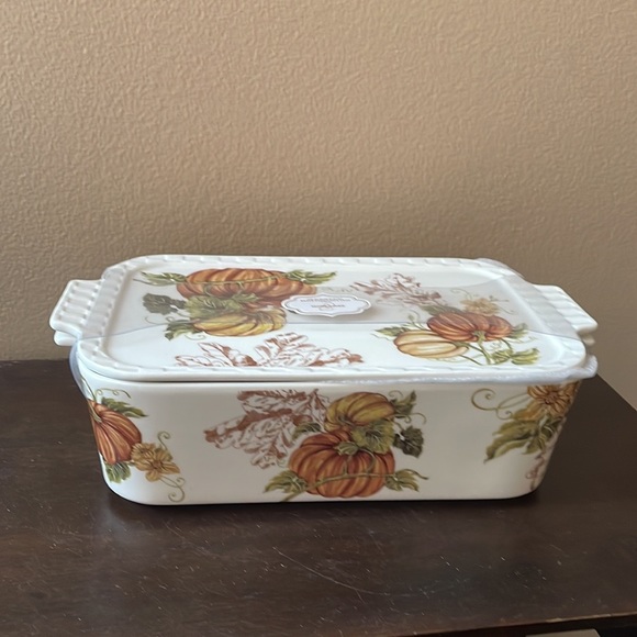 Grace Pantry Pumpkins Rectangular Porcelain Casserole Baking Dish & Lid New - Picture 2 of 4